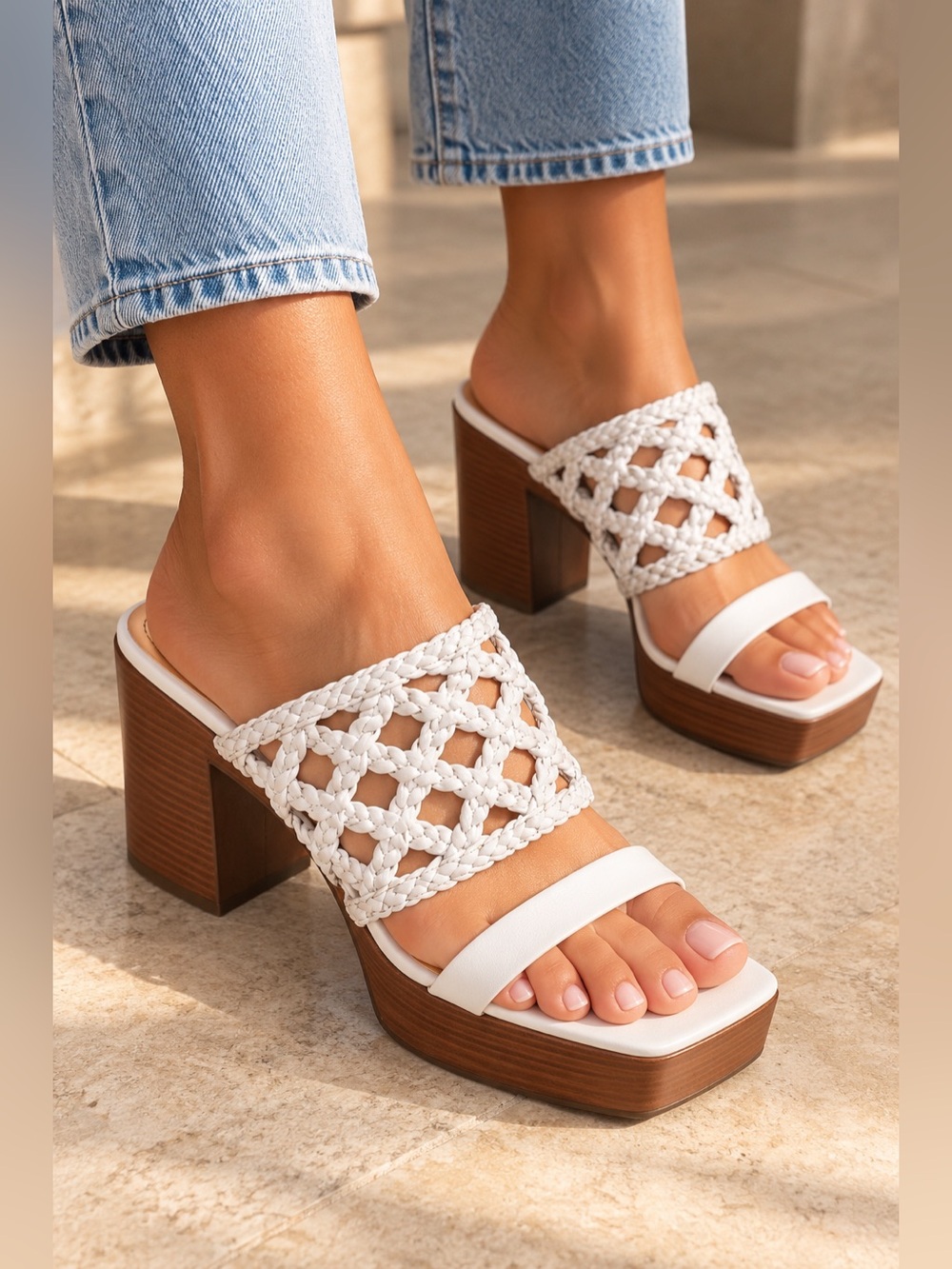 Schutz Finna White Braided Platform Block Heel Sandals Size 6B
